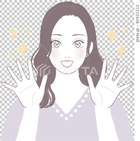 目を輝かせるロングヘア(ウェーブ)の美人な女性 手を開いたポーズver 92421112