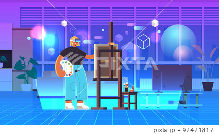 woman artist wear virtual digital glasses painting picture vr vision headset innovation creative hobby concept woman artist wear virtual digital glasses painting picture vr vision headset innovation creative hobby concept 92421817