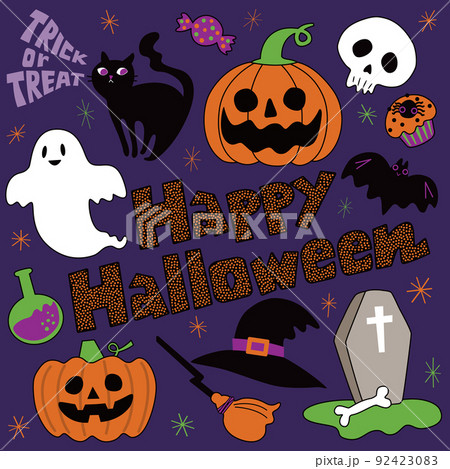 ハロウィーンのための手書きのベクトルイラスト カボチャのランタン 幽霊 猫 頭蓋骨など のイラスト素材