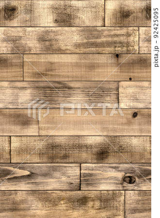節のあるビンテージな木材、オイルステインで塗装した床・壁の板貼りイメージ 92425095