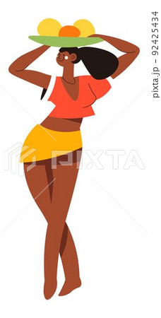 Woman carrying fruits on tray on head, vector 92425434
