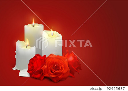 Realistic candles and rosebuds on a red background. 92425687