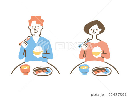 朝ごはんを食べる女性と男性_セット_色 朝ごはんを食べる女性と男性_セット_色 92427391