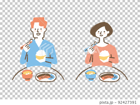 朝ごはんを食べる女性と男性_セット_色 朝ごはんを食べる女性と男性_セット_色 92427391
