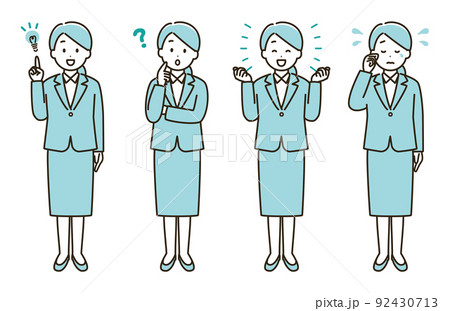 リクルートスーツを着た女性の表情バリエーションのイラストセット②（水色バージョン） 92430713