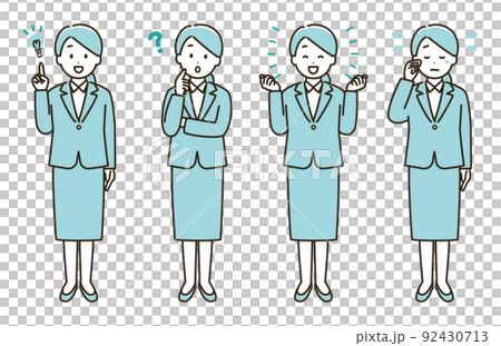 リクルートスーツを着た女性の表情バリエーションのイラストセット②（水色バージョン） 92430713