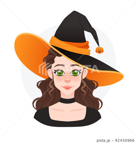 Pretty funny witch avatar for game or advertising. Halloween magician girl with big hat and pumpkin. Fairy tale girl 92430966