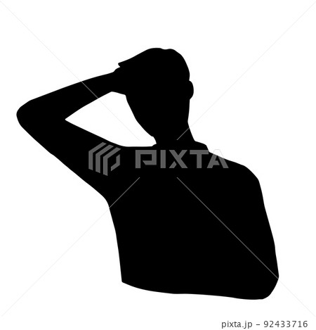 うっかりして頭を掻く男性のシルエットイラスト　黒 92433716