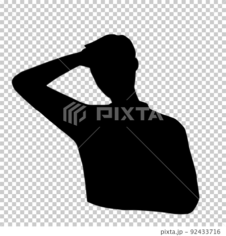 うっかりして頭を掻く男性のシルエットイラスト　黒 92433716