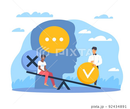 Uneven balance of judgments. Problem of public thinking and unfair treatment, prejudice opinions, people sit on the scales. Unconscious bias vector cartoon flat style concept Uneven balance of judgments. Problem of public thinking and unfair treatment, prejudice opinions, people sit on the scales. Unconscious bias vector cartoon flat style concept 92434891