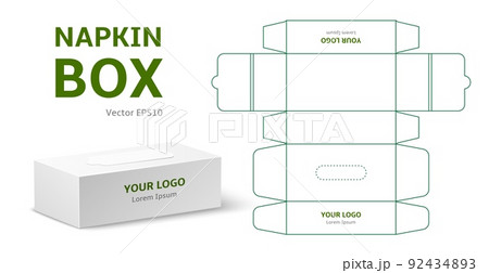 Tissue box mock up. Packaging scan template, realistic napkins container, white cardboard box with paper handkerchiefs. Hygiene accessory package mockup, utter vector concept 92434893