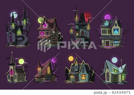 Cartoon horror house set. Scary haunted buildings, ghosted halloween creepy castles, gothic spooky homes, mysterious moonlight in forest, dark mystery witch architecture, tidy vector set 92434975