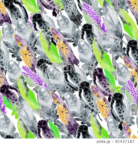 Watercolor birds feathers pattern. Seamless texture with hand drawn bright feathers Watercolor birds feathers pattern. Seamless texture with hand drawn bright feathers 92437187