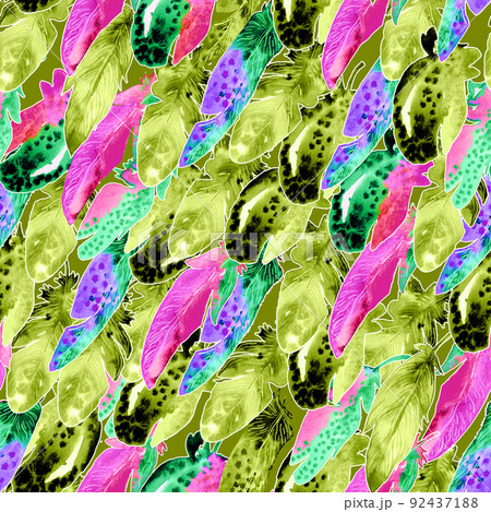 Watercolor birds feathers pattern. Seamless texture with hand drawn bright feathers 92437188