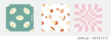 Set of retro 70s seamless pattern. Floral, swirl, mushrooms, peace symbol, camomile, smile. Clockwork design in the style of the seventies. 92437371