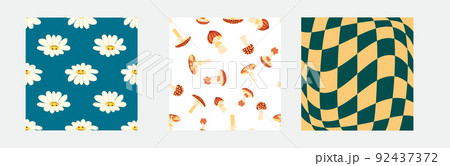Set of retro 70s seamless pattern. Floral, swirl, mushrooms, peace symbol, camomile, smile. Clockwork design in the style of the seventies. 92437372
