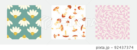 Set of retro 70s seamless pattern. Floral, swirl, mushrooms, peace symbol, camomile, smile. Clockwork design in the style of the seventies. 92437374