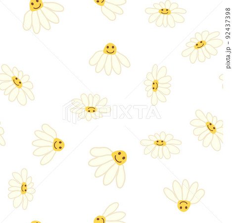 Groovy daisy retro seamless pattern. 70s vibe hippie ornament. Floral wallpaper. Groovy daisy retro seamless pattern. 70s vibe hippie ornament. Floral wallpaper. 92437398