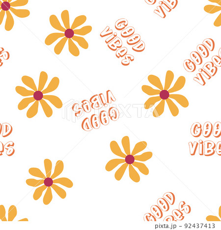 Love heart, daisies, waves of positivity retro 70s seamless pattern. Yellow, orange, red scattered heart shapes on a swirling background Love heart, daisies, waves of positivity retro 70s seamless pattern. Yellow, orange, red scattered heart shapes on a swirling background 92437413