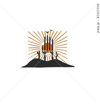 Hand drawn abstract vector graphic clipart illustration boho western print design,cactus and sunset.Western logo design concept.Bohemian wild west contemporary art.Cowboy girl modern drawing logo. 92437449