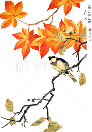 紅葉とシジュウカラと狂い咲きの桜 92437480