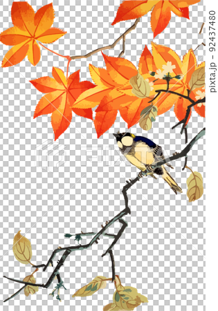 紅葉とシジュウカラと狂い咲きの桜 92437480