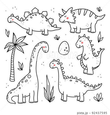 Set of cute funny dinosaurs and plants 92437595