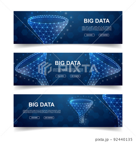 Set of three Funnel horizontal banners. Horizontal illustration for homepage design, promo banner. Big data low poly symbols with connected dots 92440135