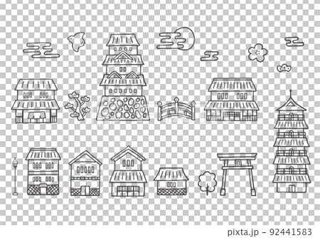 和風の建物手描きイラストセット（モノクロ） 92441583