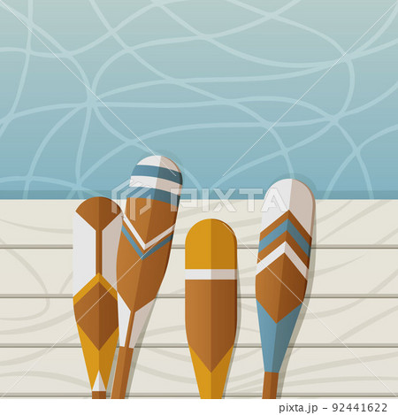 Oars on a wooden pontoon or pier. Water square background. Vector illustration Oars on a wooden pontoon or pier. Water square background. Vector illustration 92441622