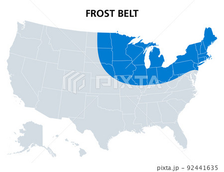 Frost Belt of the United States, political map. Region in the northeast, including the Great Lakes region and part of Upper Midwest. Known for its cold winter climate with heavy frosts and snowfalls. 92441635
