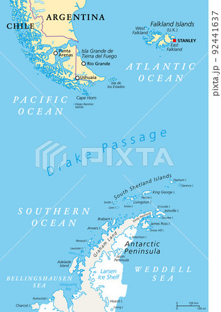 Drake Passage, political map. Mar de Hoces, Hoces Sea, body of water between Cape Horn and Antarctica Peninsula. Connect South Atlantic Ocean with South Pacific Ocean, extends into Southern Ocean. 92441637