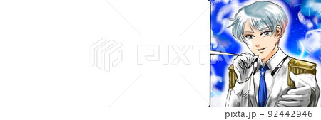 王子様風タキシードを着たイケメンアイドルが手を差し伸べる漫画風カラーイラストと美しい夜空背景 王子様風タキシードを着たイケメンアイドルが手を差し伸べる漫画風カラーイラストと美しい夜空背景 92442946