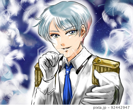 王子様風タキシードを着たイケメンアイドルが手を差し伸べる漫画風カラーイラストと美しい夜空背景 王子様風タキシードを着たイケメンアイドルが手を差し伸べる漫画風カラーイラストと美しい夜空背景 92442947