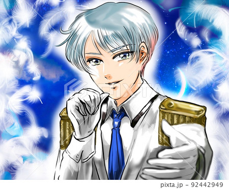 王子様風タキシードを着たイケメンアイドルが手を差し伸べる漫画風カラーイラストと美しい夜空背景 王子様風タキシードを着たイケメンアイドルが手を差し伸べる漫画風カラーイラストと美しい夜空背景 92442949