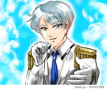 王子様風タキシードを着たイケメンアイドルが手を差し伸べる漫画風カラーイラストと美しい白い羽が舞う背景のイラスト素材