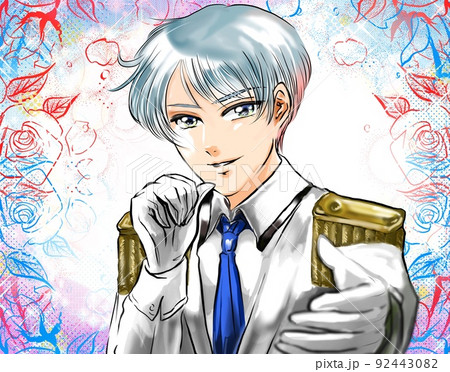 王子様風タキシードを着た銀髪イケメンアイドルが手を差し伸べる漫画風カラーイラストと薔薇の花園背景 92443082