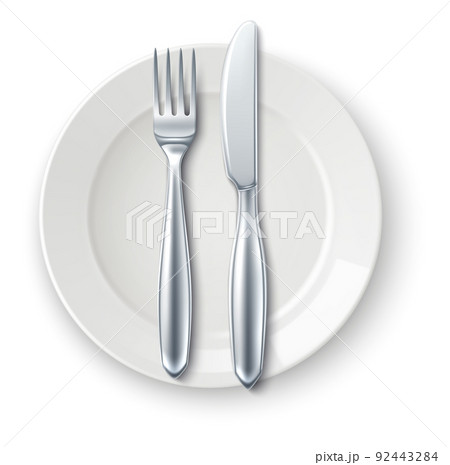 Realistic cutlery on plate. Finished meal waiter signal 92443284