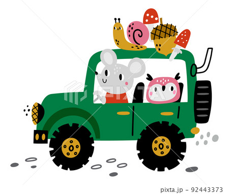 Forest animals traveling in green offroad car. Cute kid print 92443373