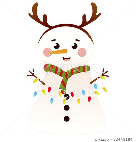 Cute snowman with reindeer headband holding christmas lights garland in cartoon style, isolated on white background 92445184
