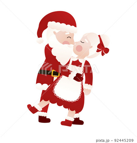 Santa and Mrs Claus dancing together and kissing in cartoon style on white background, clip art for poster design 92445209