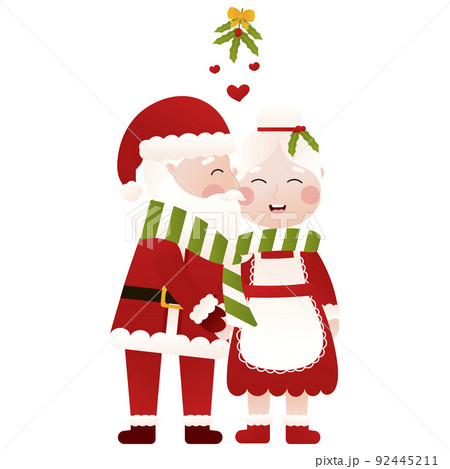 Mr and Mrs Santa Claus kissing under the mistletoe at the christmas party in cartoon style on white background 92445211