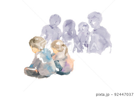 背中を丸めて座る子どもと見下ろす群衆のイラスト素材