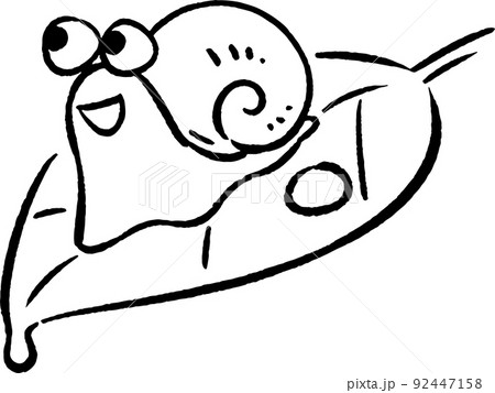 雨の日の葉っぱの上のかたつむり　手描き風イラスト線画素材 92447158