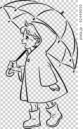 傘をさすレインコートを着たかわいい女の子　手描き風イラスト線画素材 92449050