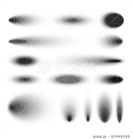Stipple shadows set, dotted design elements. Fading gradient. Stippling, dotwork drawing, shading using dots. Pixel disintegration, halftone effect. White noise grainy texture. Vector illustration 92449199