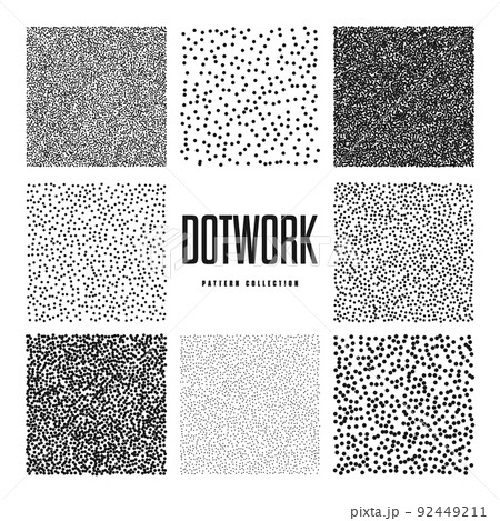 Square shaped dotted objects, stipple elements. Stippling, dotwork drawing, shading using dots. Pixel disintegration, halftone effect. White noise grainy texture, pattern. Vector illustration Square shaped dotted objects, stipple elements. Stippling, dotwork drawing, shading using dots. Pixel disintegration, halftone effect. White noise grainy texture, pattern. Vector illustration 92449211