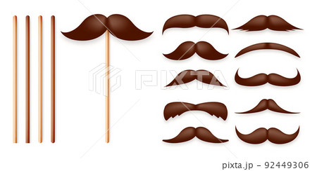 Realistic fake mustache on a wooden stick. Vintage paper mustache for carnival or holiday. Various brown facial hair, fashionable hipster beard. Vector illustration 92449306