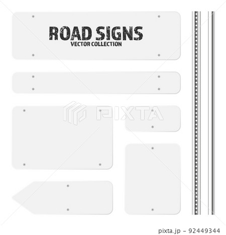 Various road, traffic signs. Highway signboard on a chrome metal pole. Blank white board with place for text. Directional signage and wayfinder. Information sign mockup. Vector illustration 92449344
