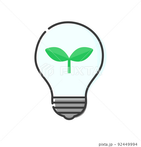 緑色の葉っぱが入った豆電球のシンプルなイラスト - 省エネ･節電･脱炭素のイメージ素材 92449994